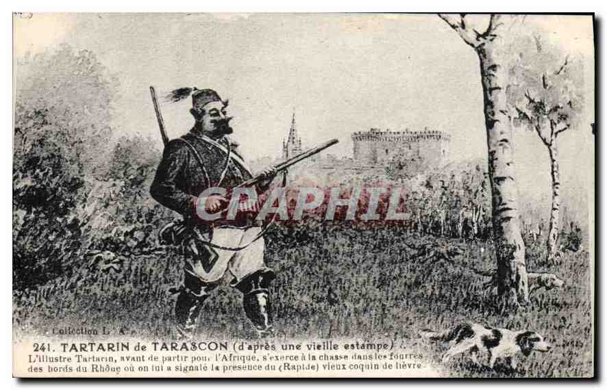 Tartarin de Tarascon — avant de partir pour l'Afrique, s'exerce à la chasse dans les fourrés des bords du Rhône — Collection L. n°241