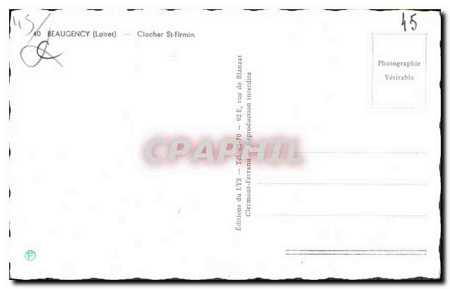 CPA Beaugency Loiret Clocher St Firmin  — Rückseite