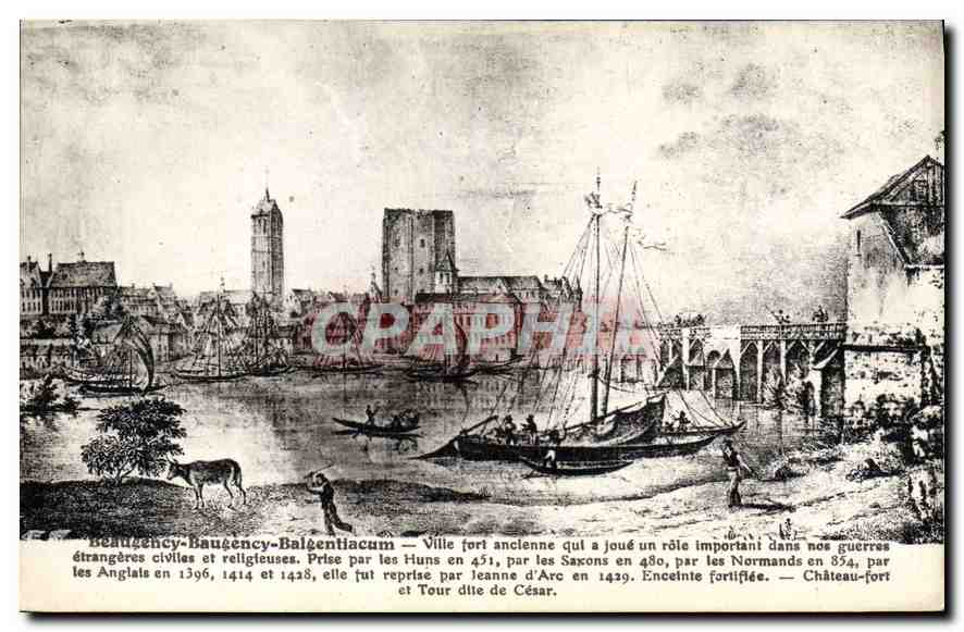 Beaugency-Baungentiacum — Ville fort ancienne qui a joué un rôle important dans nos guerres étrangères civiles et religieuses. Prise par les Huns en 451, par les Saxons en 480, par les Normands en 854, par les Anglais en 1396, 1414 et 1428, elle fut reprise par Jeanne d'Arc en 1429. Enceinte fortifiée. — Château-fort et Tour dite de César.
