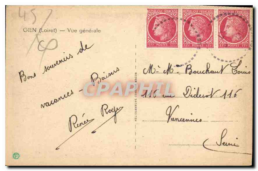 Gien (Loiret) — Vue générale — Héliogravure Comité Magon — Verso