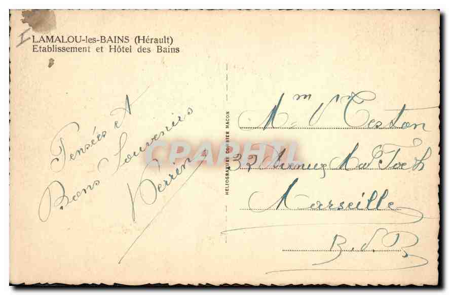 CPA Lamalou les Bains Le Bitoulet Herault Etablissement et Hotel des Bains  — Back