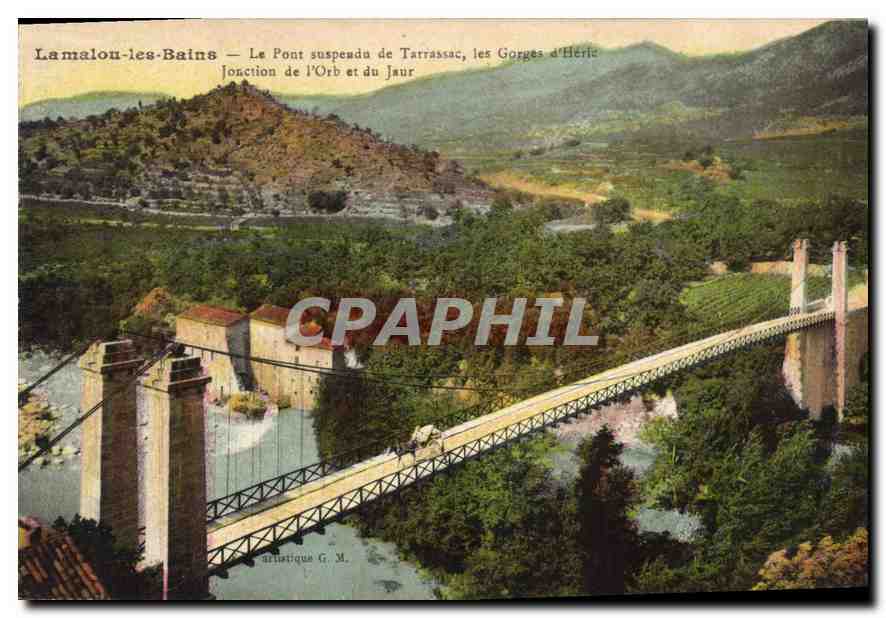 CPA Lamalou les Bains Le pont suspendu de Tarrassac les Gorges d'Heric Jonction de l'Orb et du Jaur