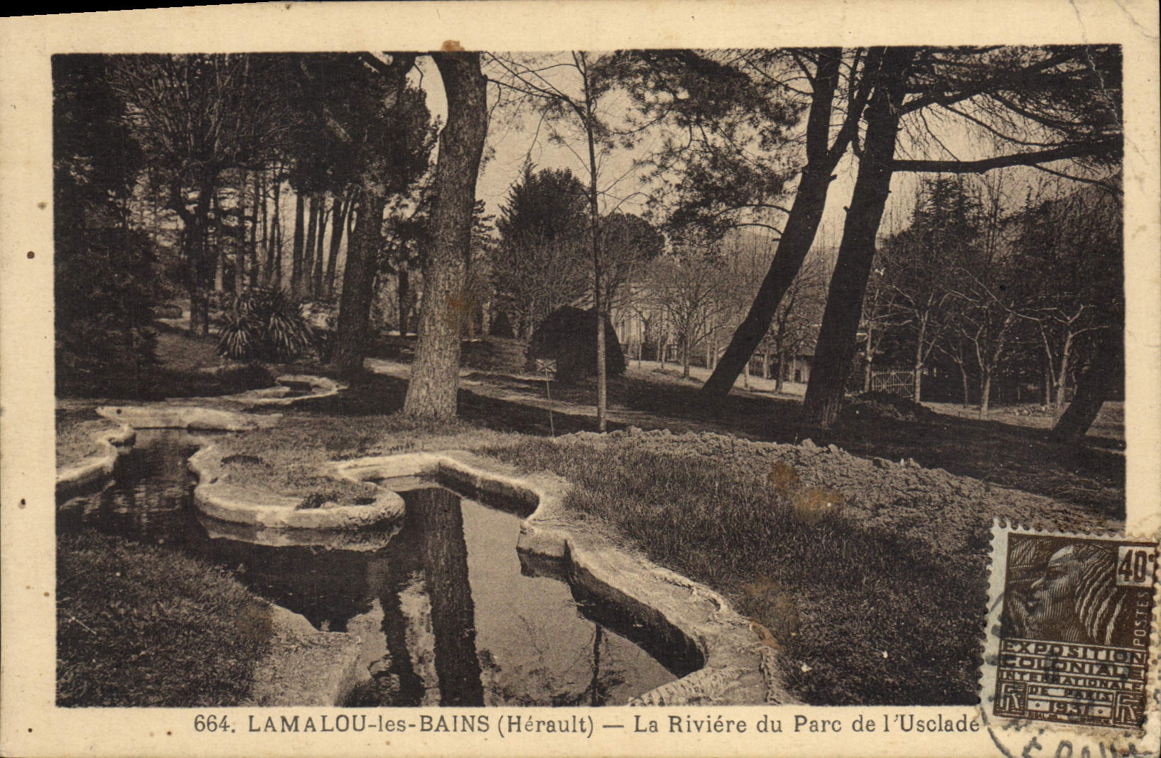 LAMALOU-les-BAINS (Hérault) — La Rivière du Parc de l'Usclade — Éditeur : Exp. Coloniale, n° 664
