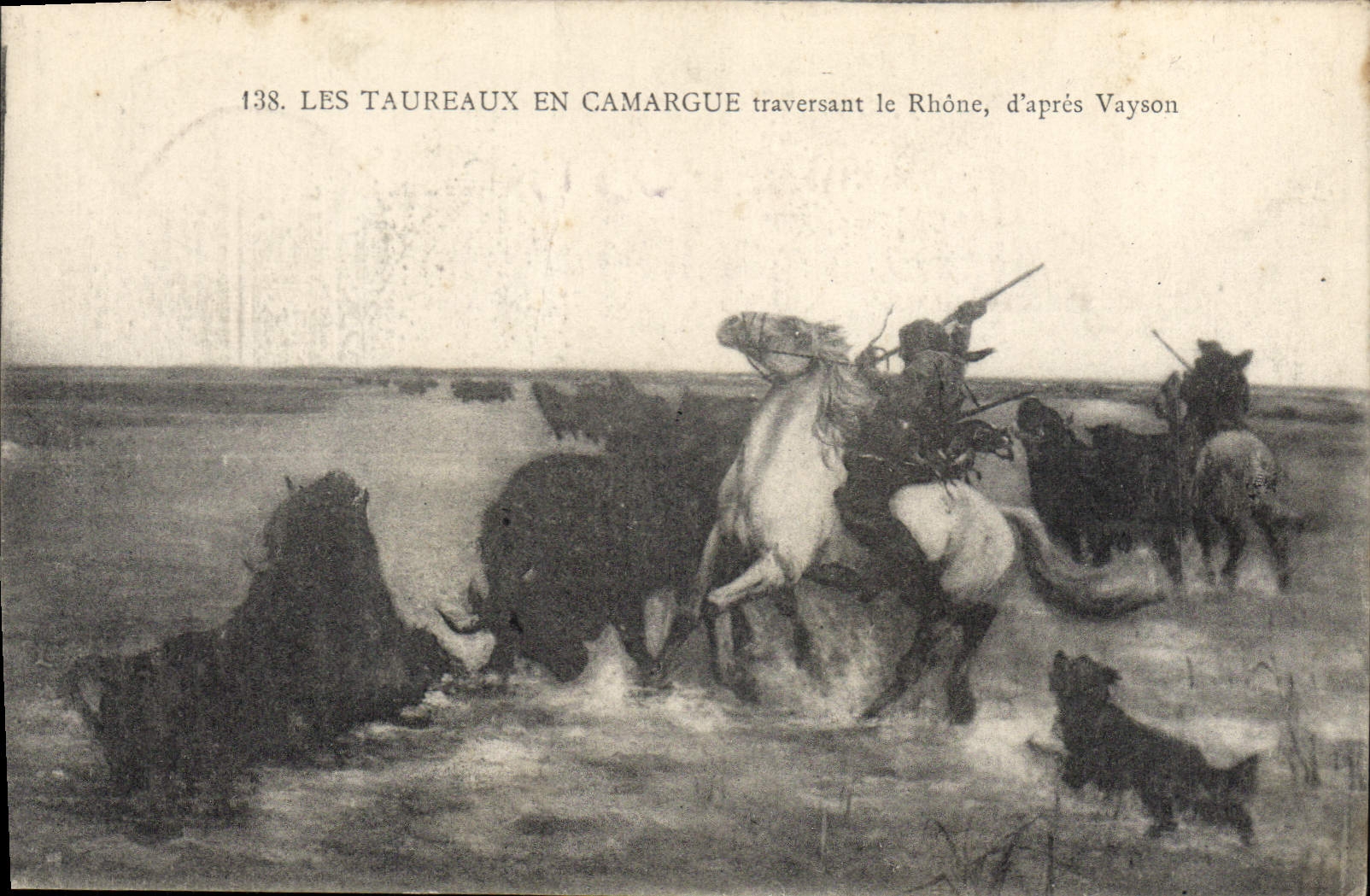 CPA Les Taureaux en Camargue traversant le Phone d'apres Vayson 
