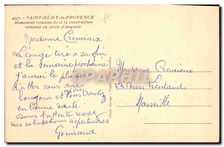 CPA Saint Remy de Provence Monuments romains dont la construction remonte au siecle d'Auguste  — Rückseite