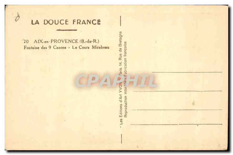 CPA Aix en Provence B du R fontaine des 9 Canons le cours Mirabeau  — Rückseite