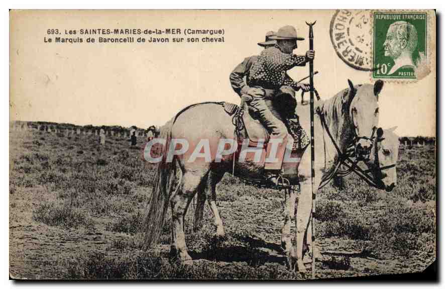 Les SAINTES-MARIES-de-la-MER (Camargue) — El Marqués de Baroncelli de Javon a caballo — Fot. D. Montpellier
