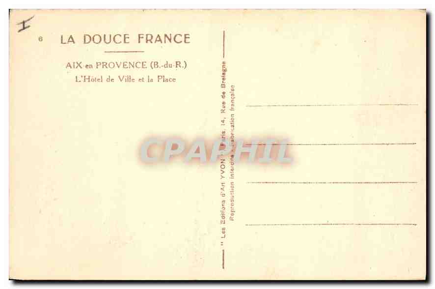 Aix-en-Provence — L'Hôtel de Ville et la Place — Éditions d'Art Yvon, Paris — Rückseite