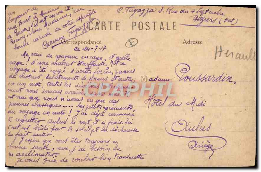CPA BEZIERS Hotel des Postes et Telegraphes — Rückseite