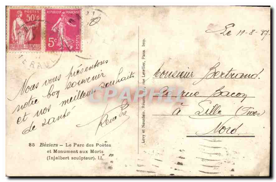 CPA Beziers Le parc des poetes et monument aux morts — Rückseite