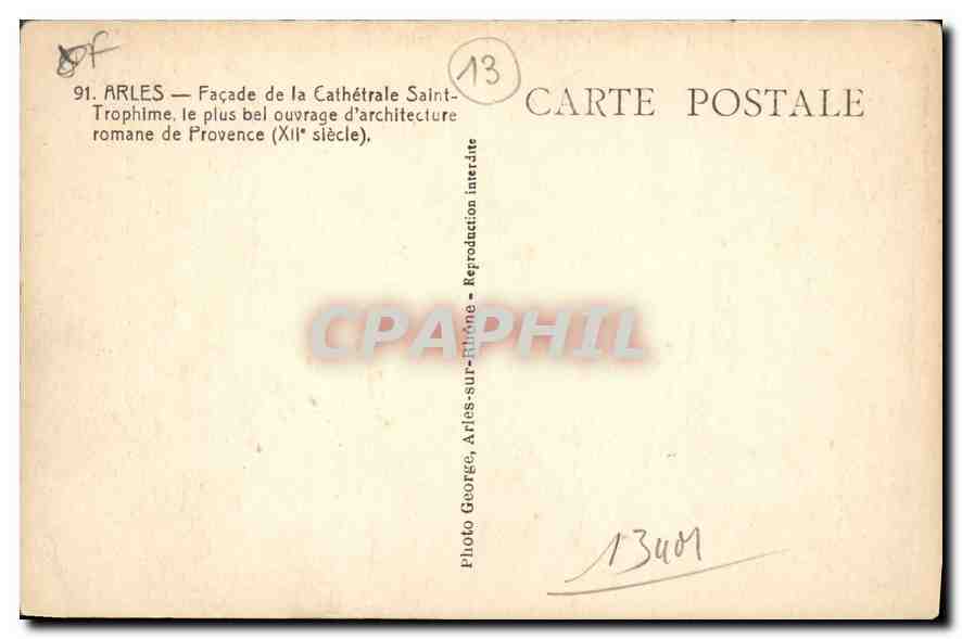 CPA Arles Facade de la Cathedrale Saint Trophime le plus bel ouvrage d'architecture romane de Proven — Verso
