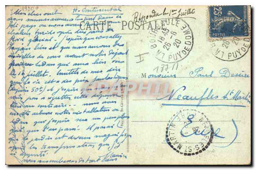 CPA La Bourboule Vue generale prise du opied du Puy Grou — Rückseite
