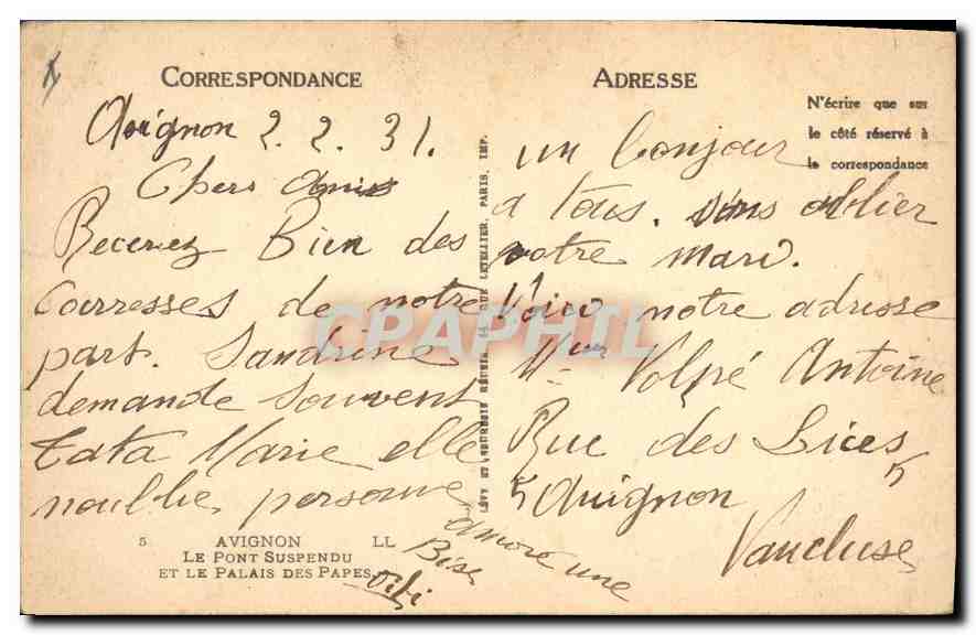 CPA Avignon Le Pont suspendu et le Palais des Papes — Verso