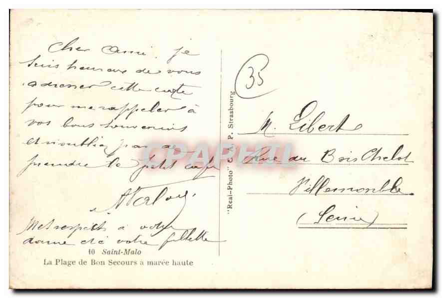 Plage de Bon Secours — Saint-Malo — 'Real-Photo' C. P. Strasbourg — Verso