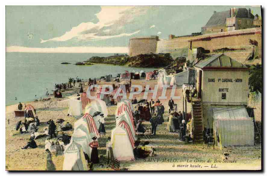 Saint-Malo — La Grève de Bon-Secours à marée haute — Bains V° Cardinal-Morin