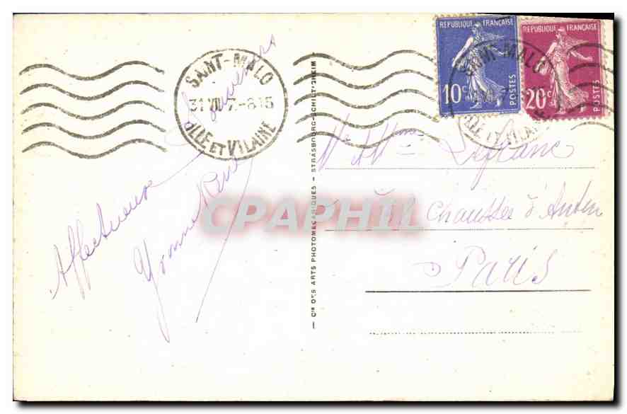 St-Malo - La Grande Plage, das Casino und die Mühlen-Turm — Vintage Postcard/Antike Ansichtskarte n°128, Verleger ARB — Rückseite