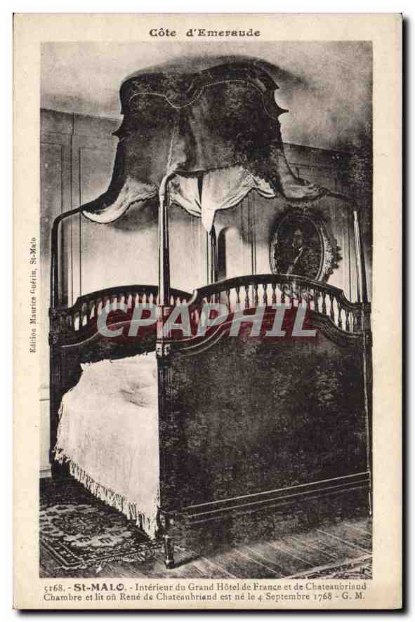 St-Malo — Chambre et lit où René de Chateaubriand est né le 4 Septembre 1768 — Édition Maurice Guérin, St-Malo