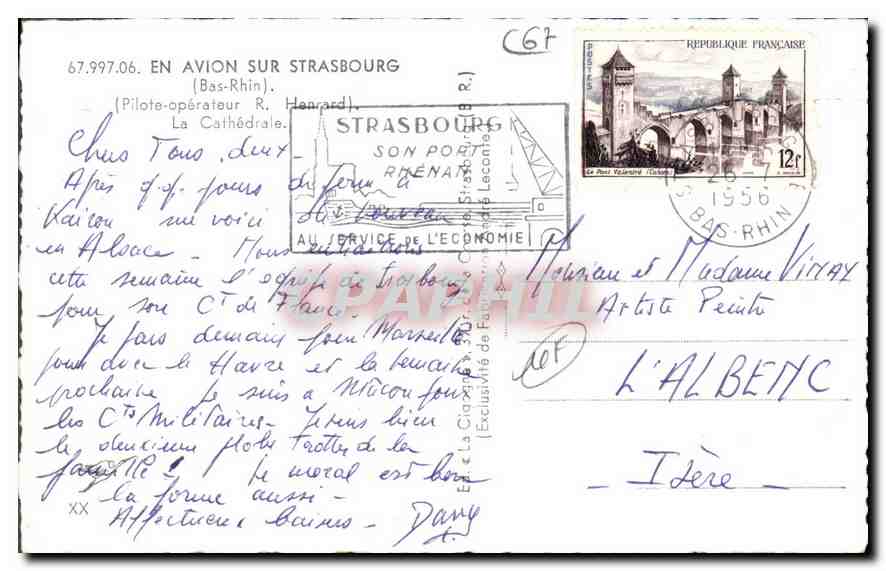 CPA En avion sur Strasbourg Bas Rhin Pilote operatuer R Honrard Le Cathedrale  — Rückseite