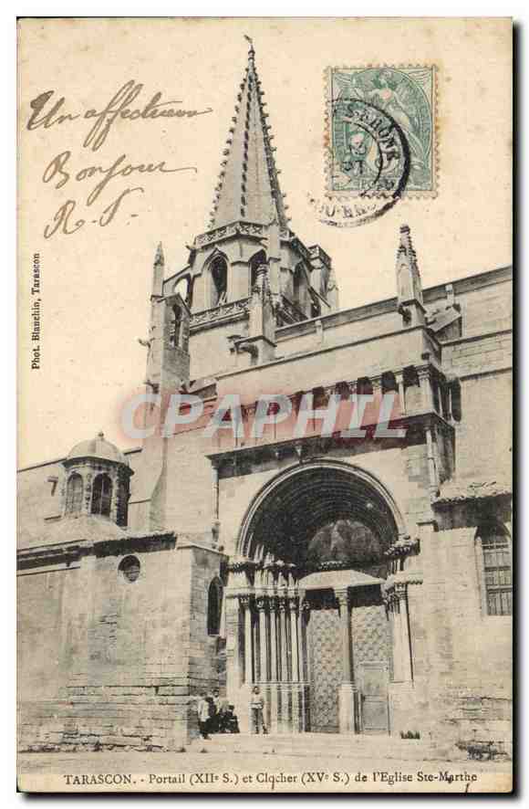 Tarascon - Portal (12. Jh.) und Glockenturm (15. Jh.) der Kirche Ste-Marthe