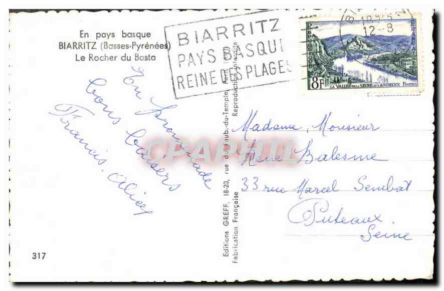 CPA En Pays basque Biarritz (Basses Pyrenees) Le Rocher du Basta — Verso