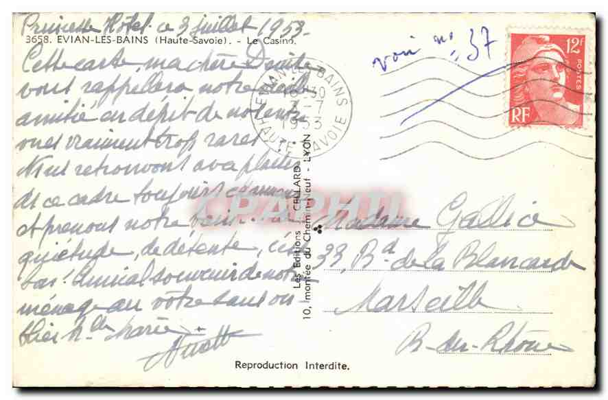 CPA Evian les Bains (Haute Savoie) Le Casino — Verso