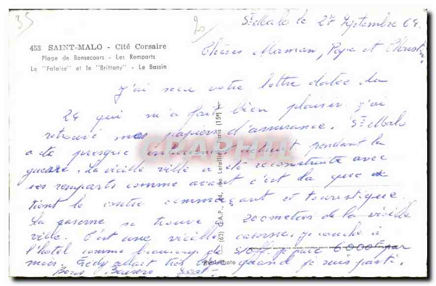 Saint-Malo — Châteaubriand — vue de la plage, du port et des remparts — éditeur Graphia — Verso