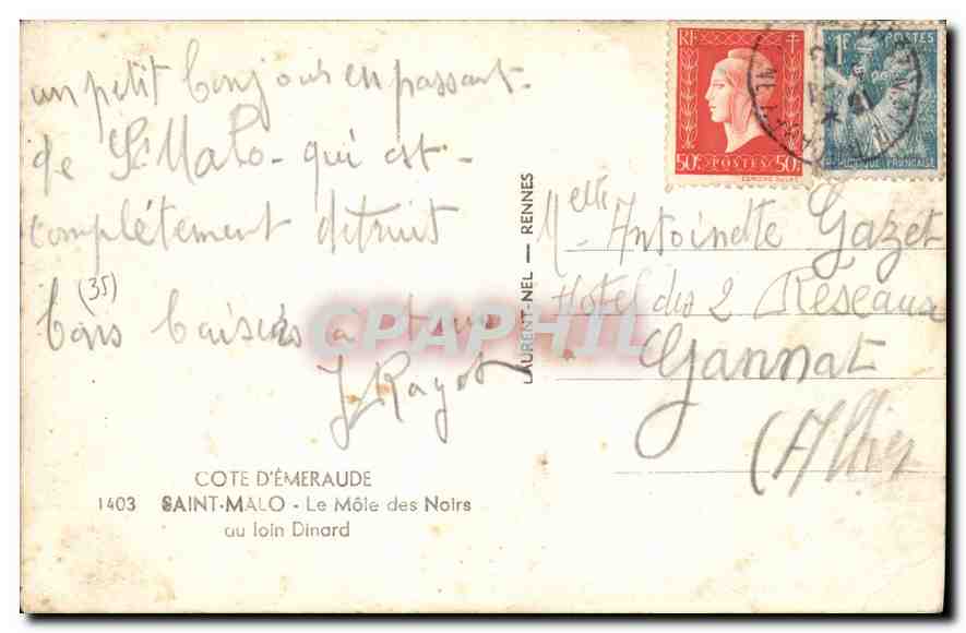 Saint-Malo — Le Môle des Noirs — éditeur Laurent-Nel, n°1403 — Verso