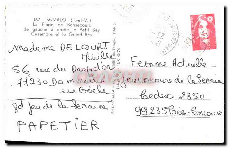 CPA Saint Malo (I et V) La Plage de Bonsecours de gauche a droite le Petit Bey Cezembre et le Grand  — Verso