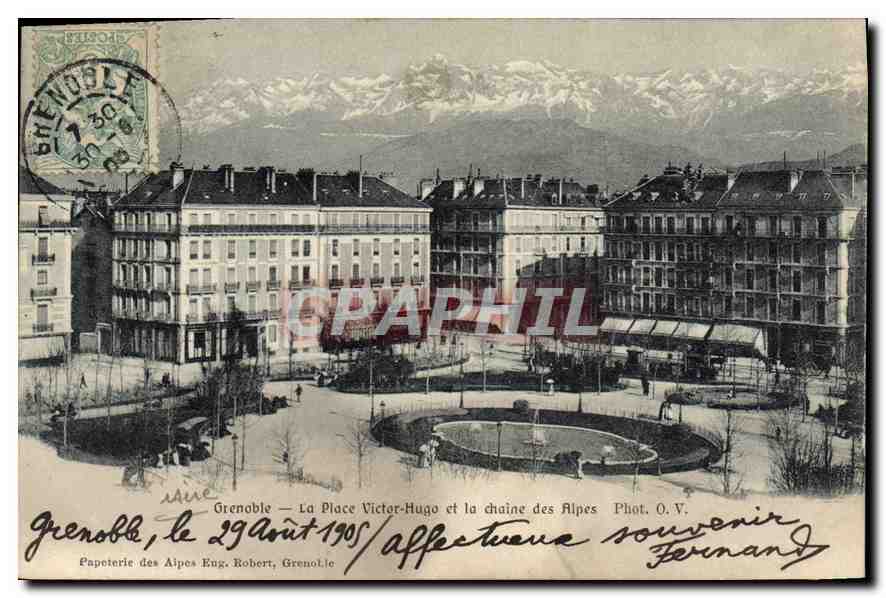 Grenoble — Place Victor-Hugo and the Alps Range — Phot. O.V. Souvenir Fernand