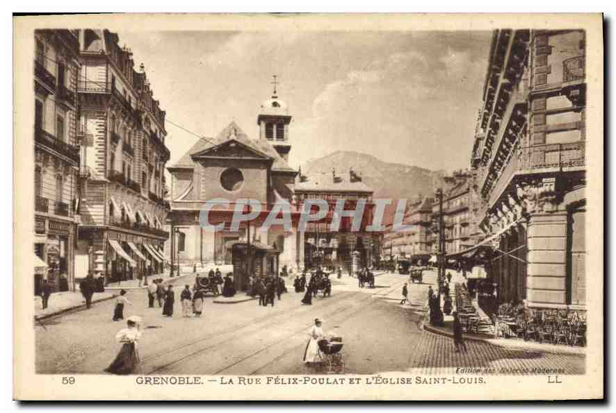 CPA Grenoble La Rue Felix Poulat et L'Eglise Saint Louis