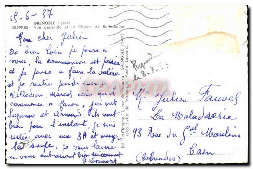 CPA Grenoble (Isere) Vue generale et la Chaine de Belledonne — Verso