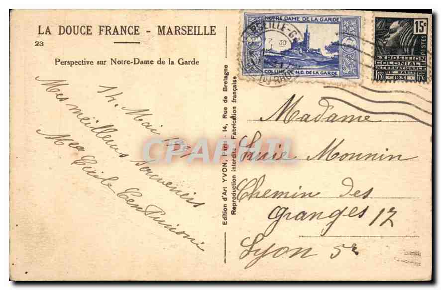 CPA Marseille La douce France Perspective sur Notre Dame de la Garde — Rückseite