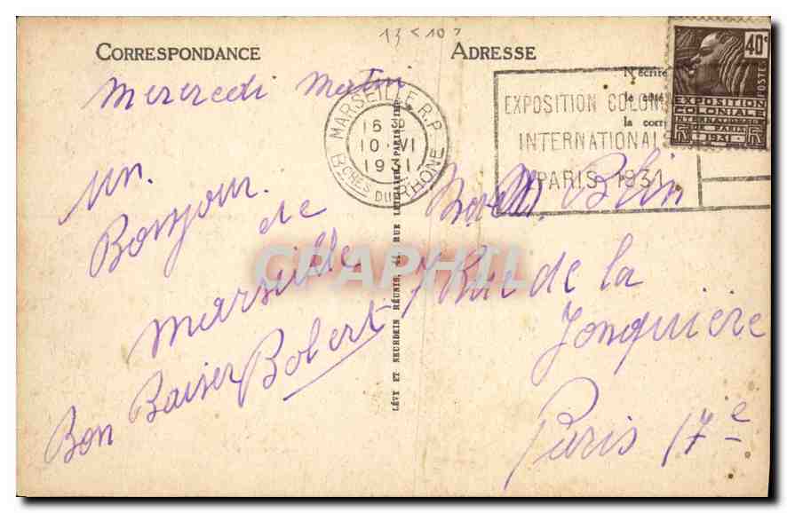 CPA Marseille Le Phare de la Desirade Depart d'un courrier de Chine — Rückseite
