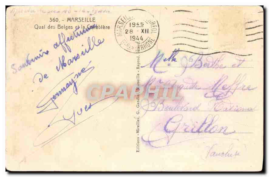 CPA Marseille Quai des Belges et la Canebiere — Verso