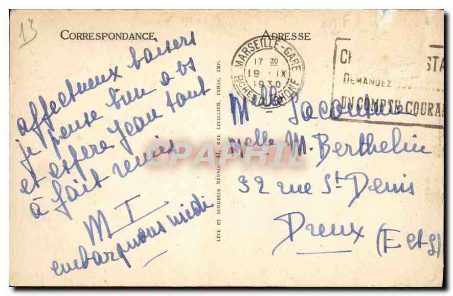 CPA Marseille La Corniche — Verso