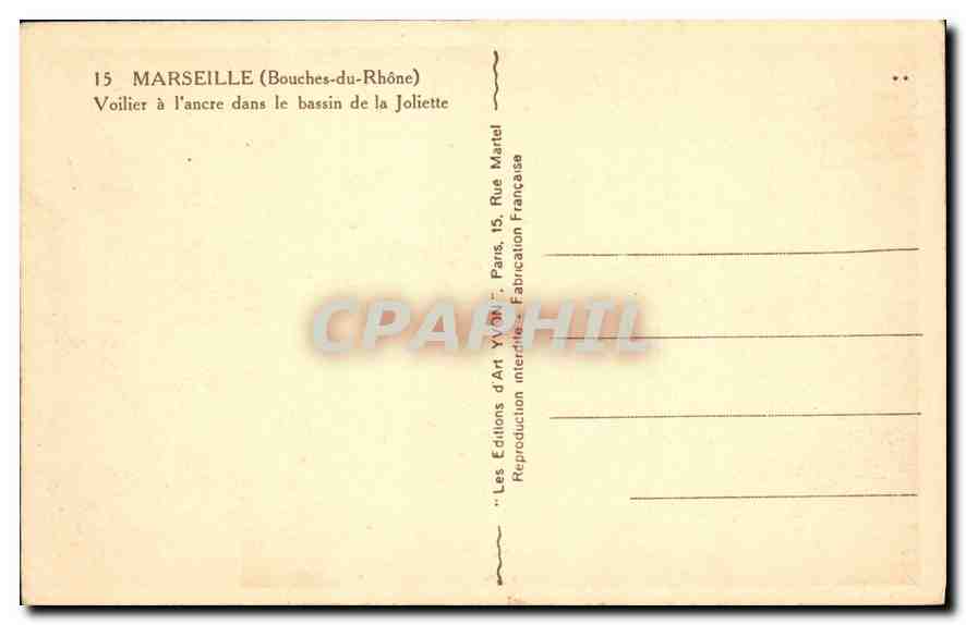 CPA Marseille (Bouches du Rhone) Voilier a l'ancre dans le bassin de la Joliette — Rückseite