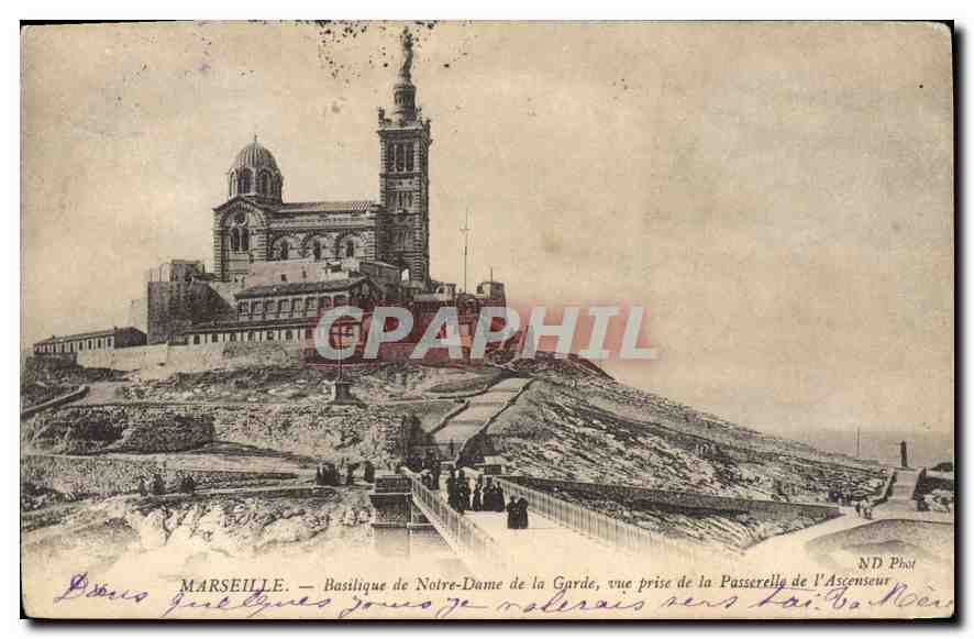 CPA Marseille Basilique de Notre Dame de la Garde vue prise de la Passerelle de l'Ascenseur