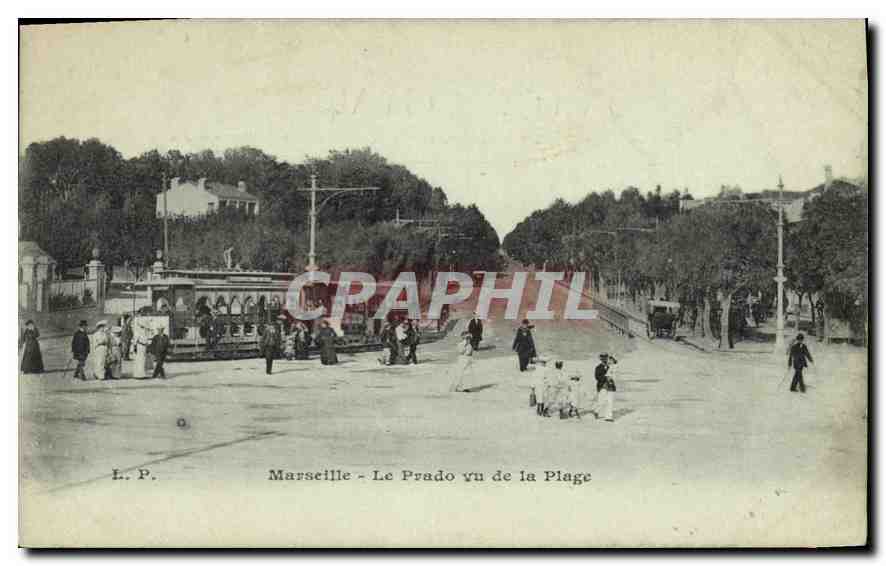 CPA Marseille Le Prado vu de la Plage Tramway