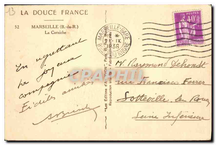 CPA Marseille (B de R) La Corniche — Verso