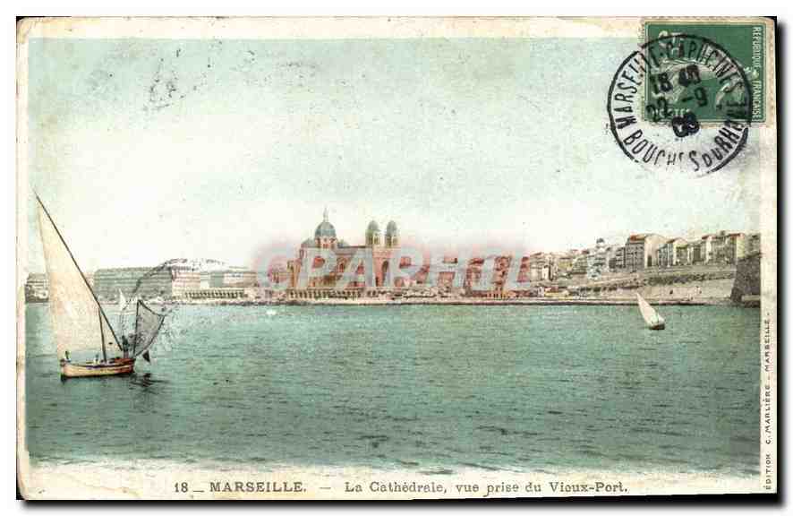 CPA Marseille La Cathedrale vue prise du Vieux Port