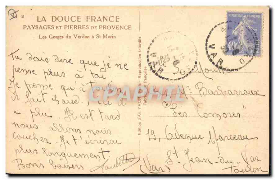 CPA La Douce France Paysages et Pierres de Provence Les Gorges du Verdon a St Morin  — Verso
