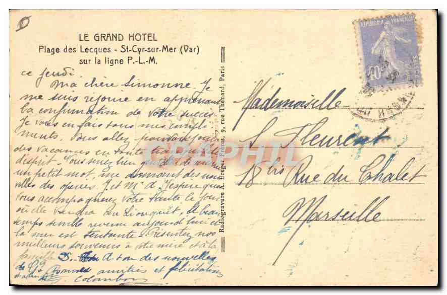 CPA Un coin du Parc du Grand Hotel des Lecques  — Rückseite