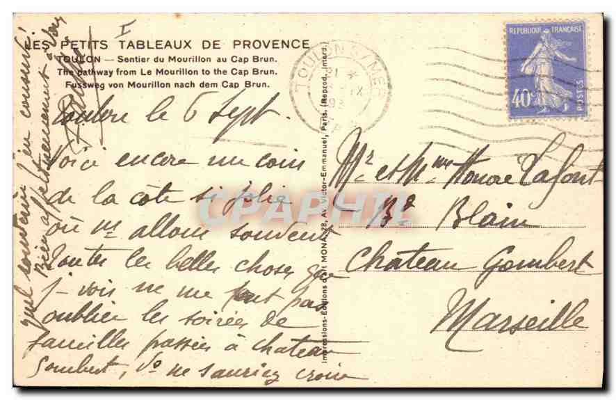 CPA Toulon Sentier du Mourillon au Cap Brun  — Rückseite