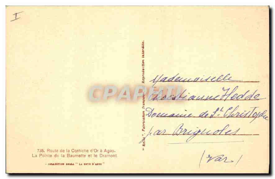 La Pointe de la Baumette et le Dramont — Route de la Corniche d'Or à Agay — édition Rella — Verso