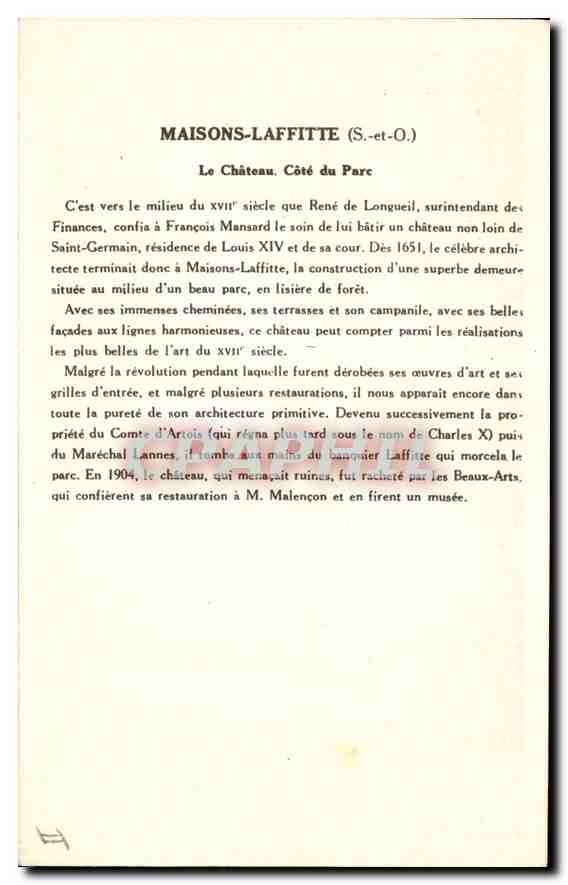 CPA Maisons Laffitte S & O Le Chateau Cote du Parc  — Rückseite