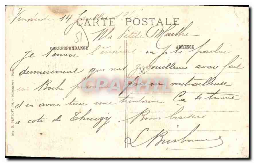 CPA La Guerre 1914 15 16 En Champagne Paunay Marne Le clocher de l'Eglise apres le bombardement  — Verso