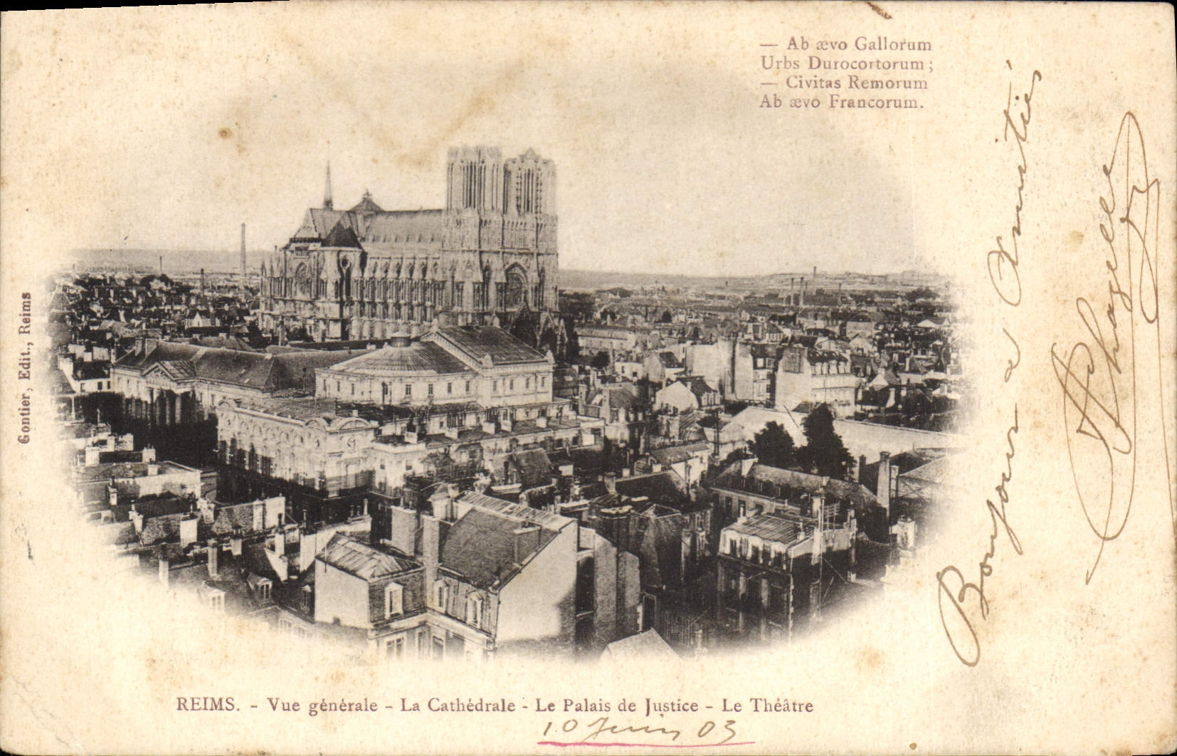 CPA Reims Vue generale La Cathedrale Le Palais de Justice Le Theatre 