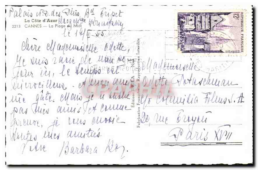 CPA La Cote d'Azur Cannes La Plage et midi  — Verso