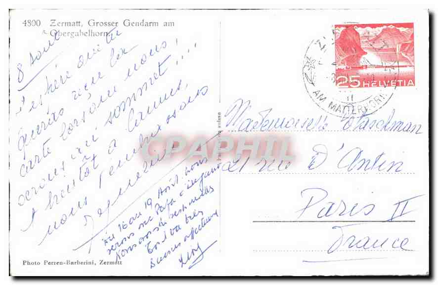 CPA Zermatt Grosser Gendarm am Obergabelhorn  — Rückseite
