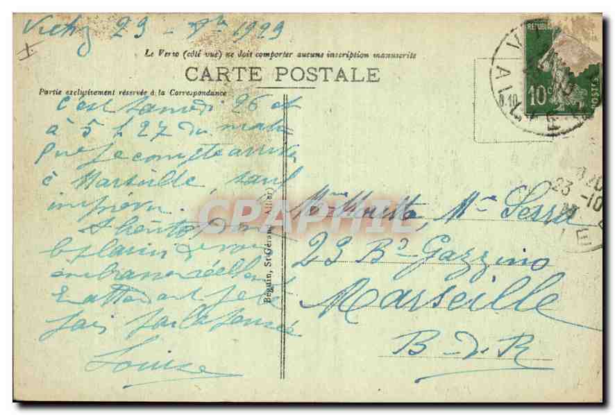 CPA Vichy Allee couverte et Palais des Sources  — Verso